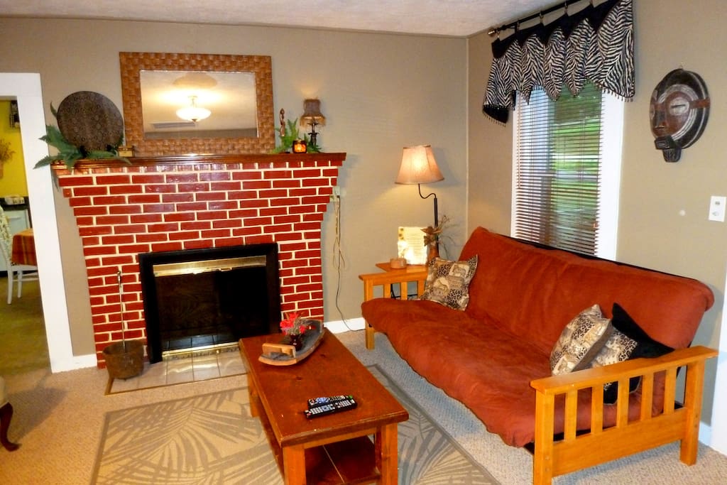 Futon sofa that folds out to a bed, wood burning fireplace (wood supplied), satellite TV