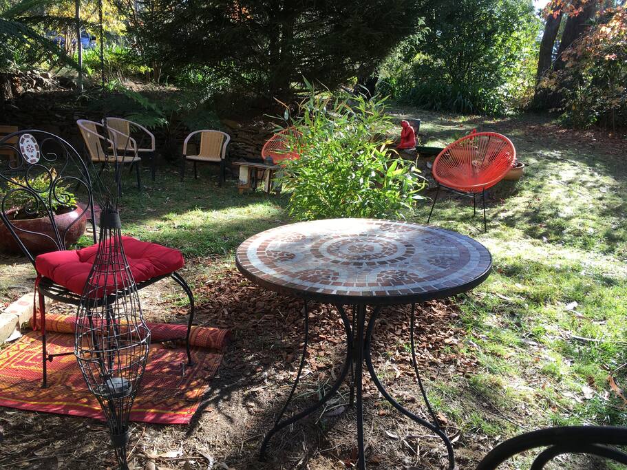Morning sunlit courtyard - breakfast for two as you enjoy the tall tree views and bird songs