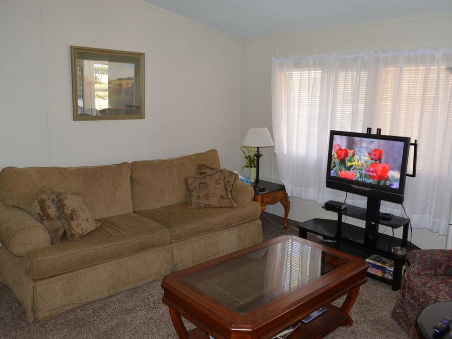 Living room sports a flat screen TV with Roku.