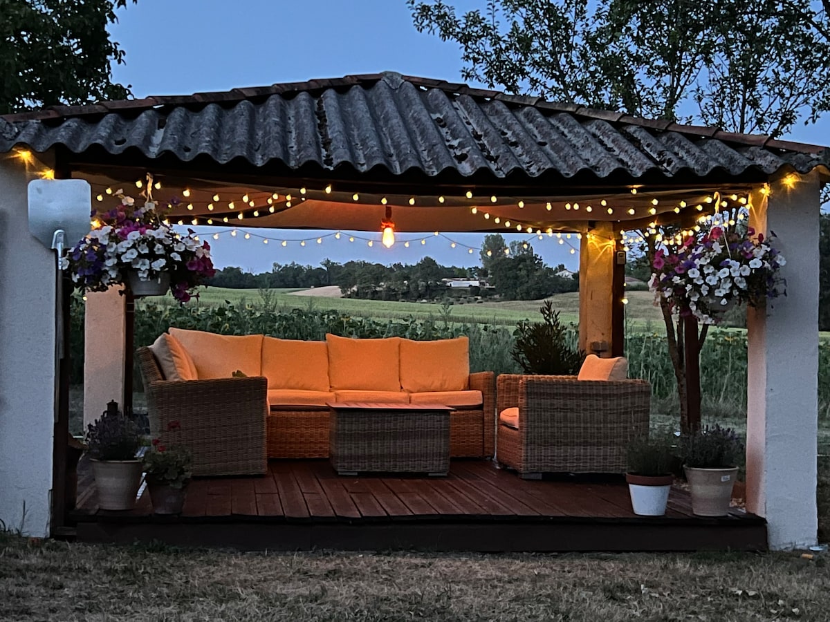 A covered seating area is highlighted by woven furniture and soft cushions. Decorative string lights illuminate the space, creating a cozy ambiance. Surrounding flower pots add color, while a scenic view of the countryside is visible in the background.