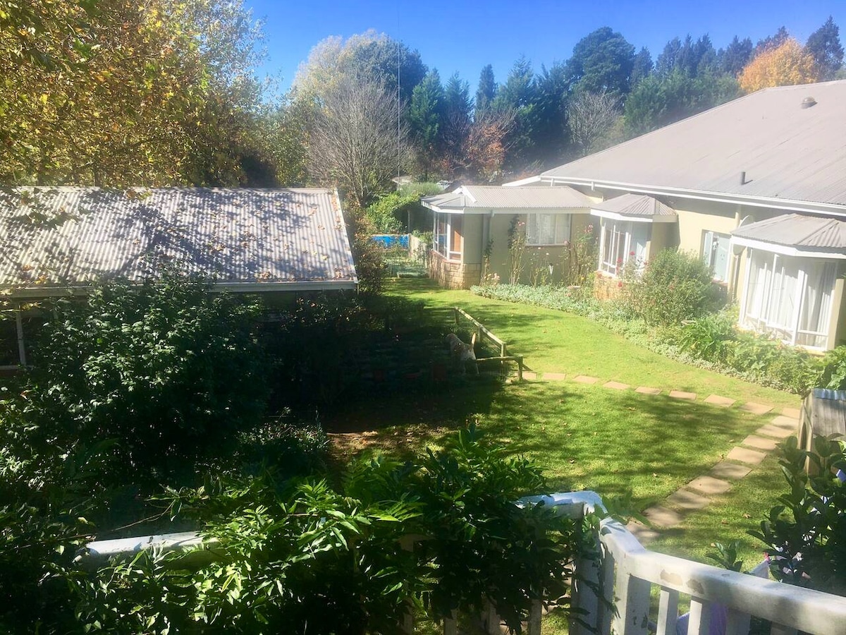 A view of the garden and surrounding area is presented, showcasing a well-maintained lawn bordered by a variety of plants and trees. The spacious layout features pathways leading through green foliage, with the exterior of the adjacent building also visible, providing a sense of tranquility.