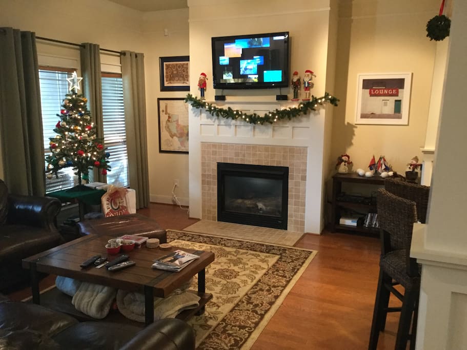 Open living room with premium cable package and surround sound entertainment system.