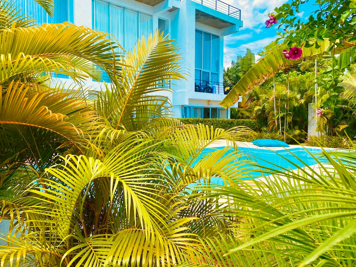 Lush tropical plants frame a clear blue swimming pool, creating a serene outdoor setting. A modern building with large glass windows is visible in the background, reflecting the vibrant greenery and bright sky above.
