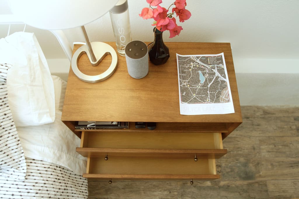 Nightstand with storage. Oh, and Alexa set an alarm for 8am.