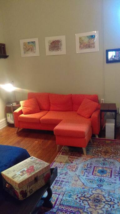Feel free to relax on the couch while you prepare for or wind down from the day!