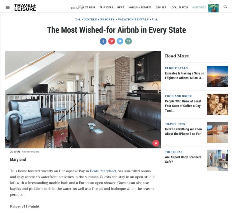 Celebrating that we were named by TRAVEL + LEISURE as top Airbnb in Maryland!