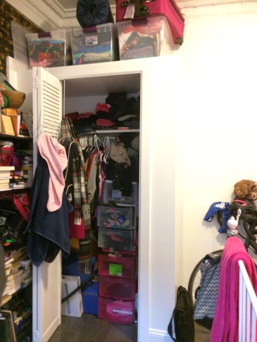 Closet would be half full for you. Also provided is 3x3 white cube storage, perfect for pants, underwear, and other belongings.
