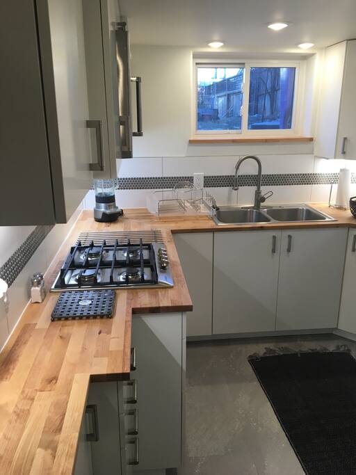 Kitchen - cooktop with microwave/convection oven above - view to greenhouse across backyard