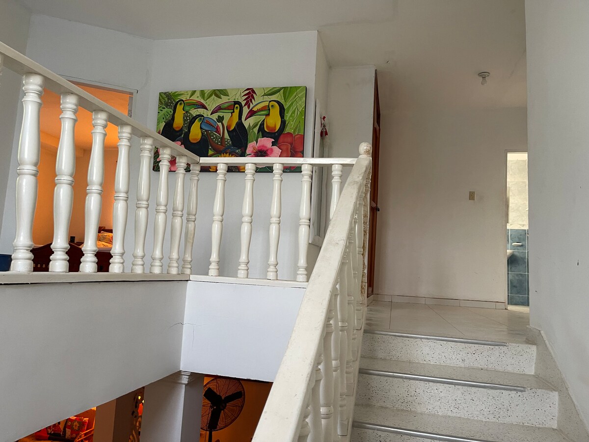 A staircase with white balustrades leads to an open upper level. A colorful painting of toucans is displayed on the wall, adding a vibrant touch. Light floods the space, illuminating the clean surfaces and neutral-colored walls.
