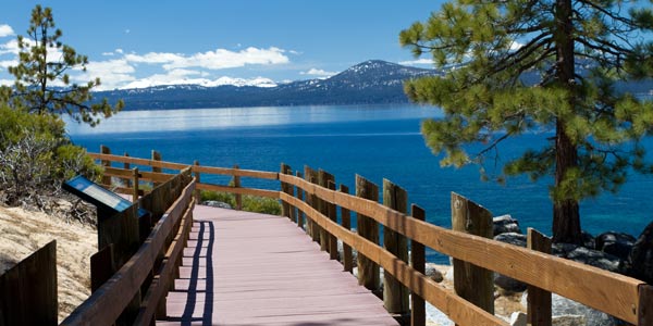 A wooden boardwalk leads towards a serene lake, flanked by low wooden railings and patches of sandy ground. The tranquil water reflects the clear blue sky, with distant snow-capped mountains visible on the horizon. Tall pine trees provide shade along the pathway.