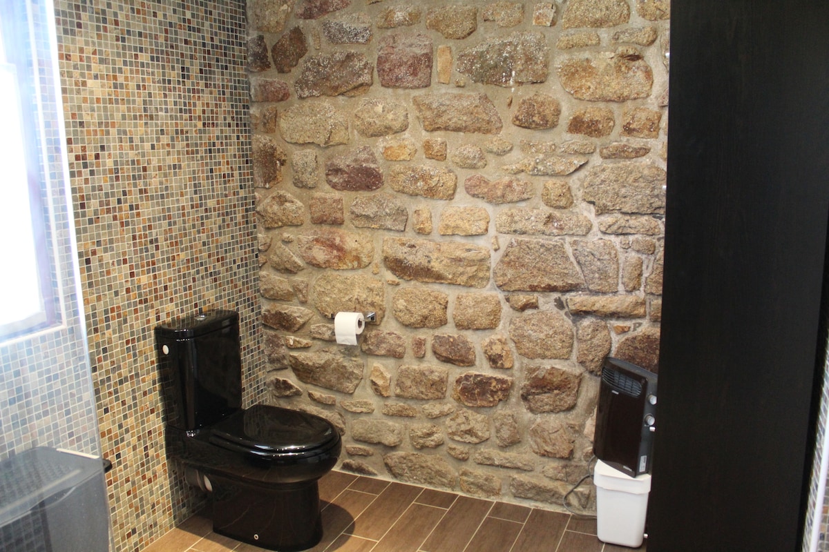 A bathroom features a modern black toilet set against a rustic stone wall, creating a unique aesthetic. The room is complemented by tiled flooring and a patterned mosaic wall that adds texture. Natural light is present, enhancing the overall ambiance.