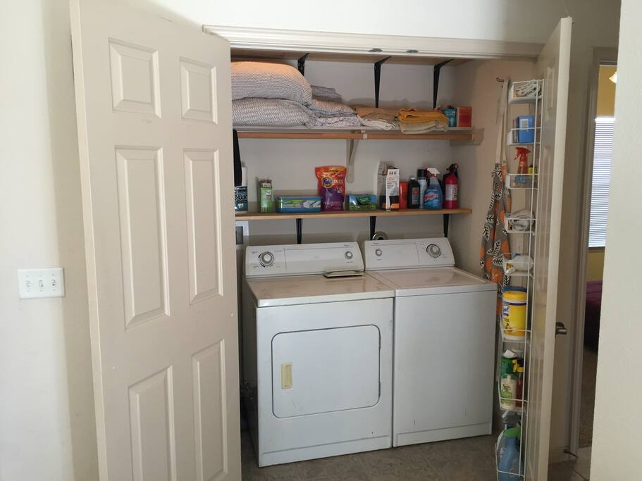 Laundry room with free use to washing/cleaning items and extra bedding.