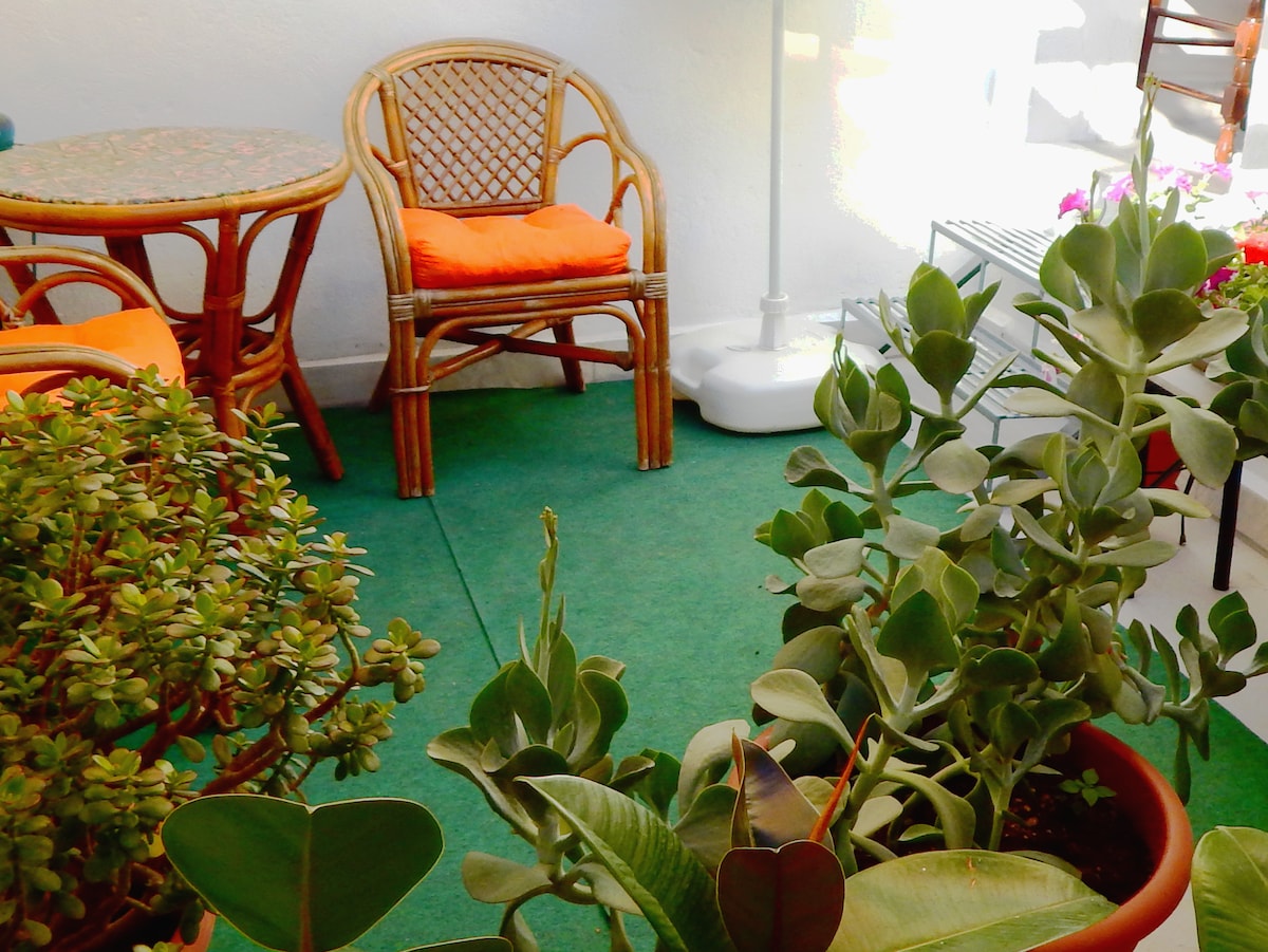 A tranquil patio area featuring a round table with patterned surface and two rattan chairs, each adorned with bright orange cushions. Lush green plants are arranged in pots, creating a refreshing and inviting space filled with natural light.