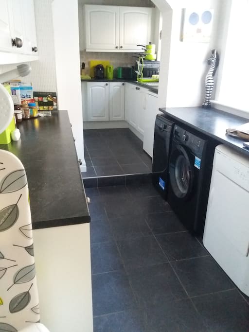Long kitchen with shower / toilet/ wash basin to the bottom left.