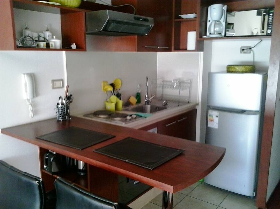Toaster , kettle and cutlery, electric stove with oven and fridge