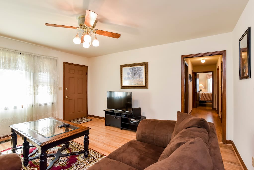 Living room with large suede couches
