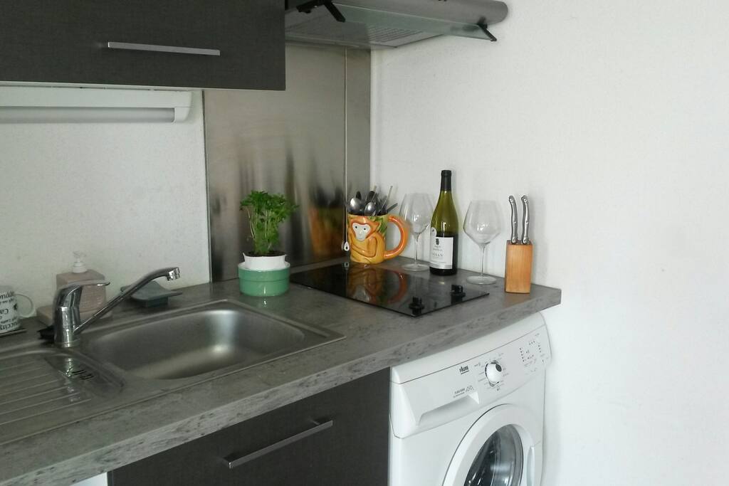 CUISINE -PLAQUES A INDUCTION, HOTTE, RANGEMENTS
- VAISSELLE FOURNIE -MACHINE A LAVER A DISPOSITION