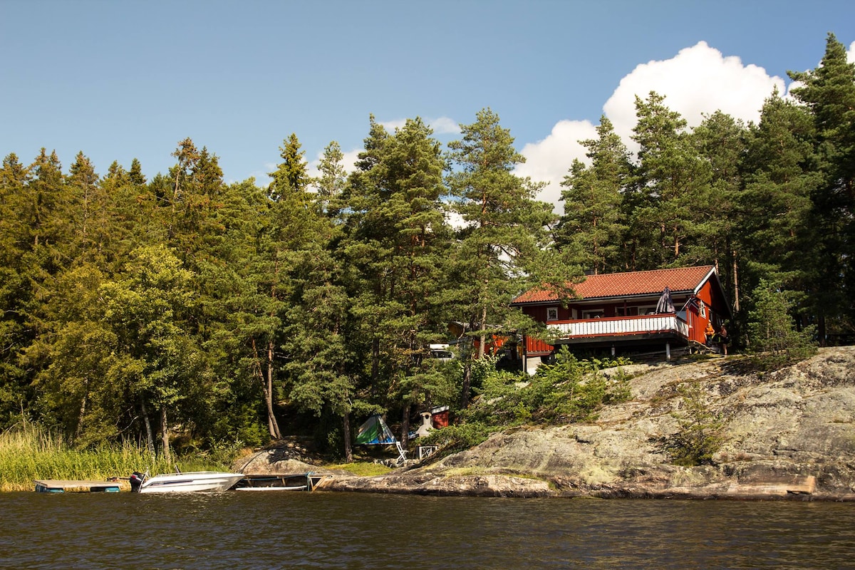 A charming cabin is positioned along the water's edge, surrounded by tall trees. A wooden dock extends into the lake, offering access for boats. The structure features a red roof and multiple outdoor spaces, blending harmoniously with the natural landscape.
