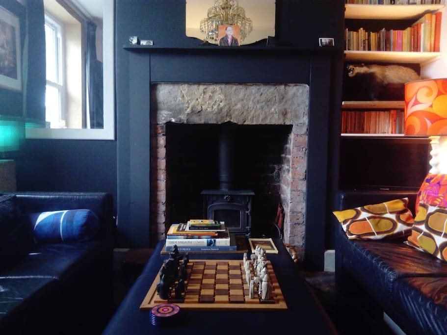 The front room. board games, books, wood burner and telly