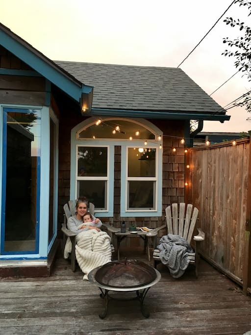 Our front deck and fire pit at dusk... perfect spot for star gazing on cloudless nights