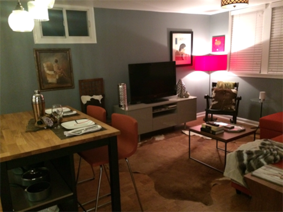 Soft and quiet cork flooring, Roku TV, cozy gas heating.