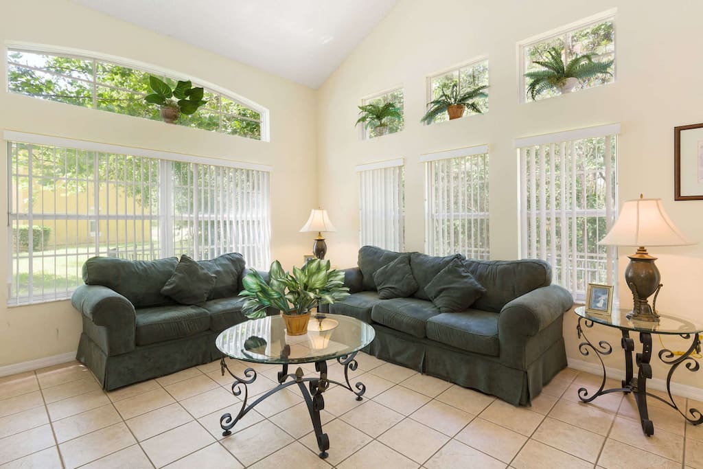 The main living space area has comfortable over-stuffed sofas to relax in while you sit and chat or watch your favorite programs together in the evenings on cable TV and DVD player provided.