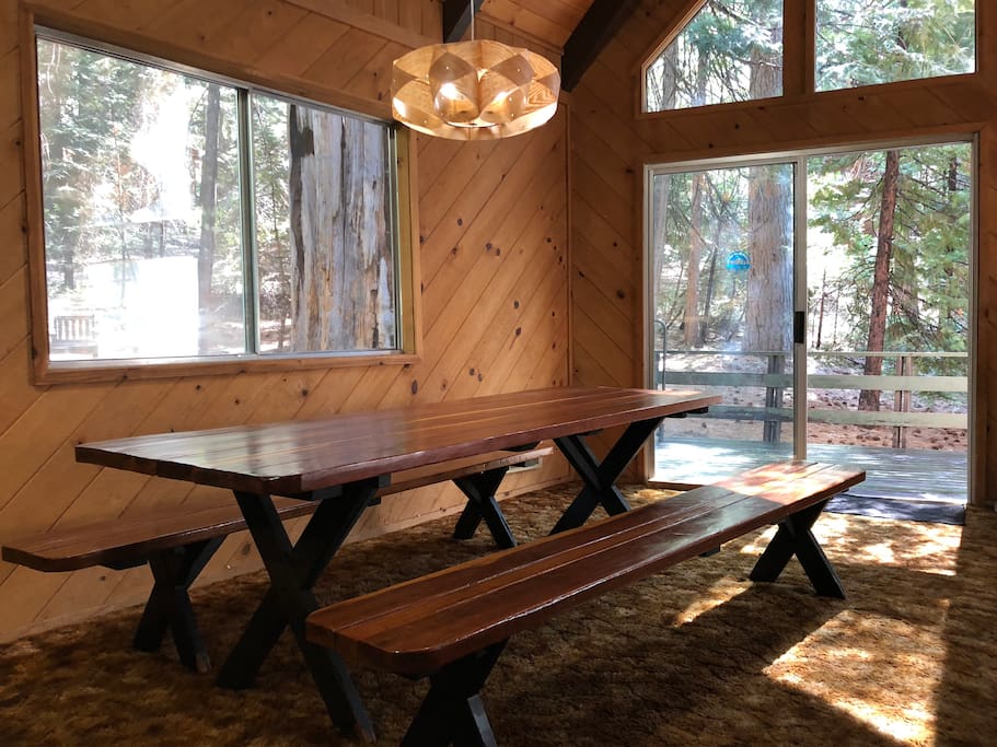 Our oversize heirloom old growth redwood picnic table seats 12+ people. Plenty of plates, glasses, utensils for the whole gang!