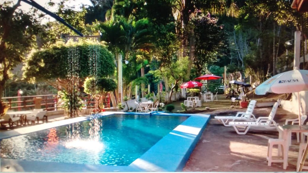 A natural spring water pool is surrounded by lush greenery and tropical plants. Lounge chairs are positioned around the pool area, and shaded seating is provided by umbrellas. Decorative elements, such as hanging plants, enhance the tranquil outdoor setting.