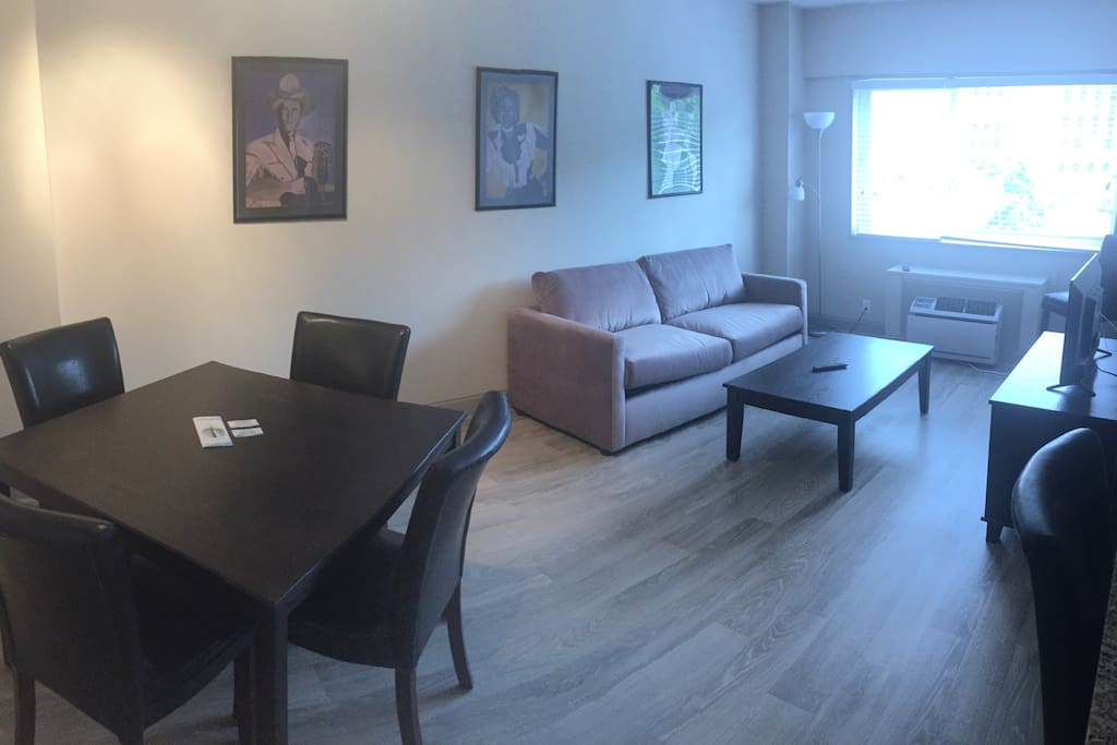 The open living space with a comfortable queen sleeper sofa.