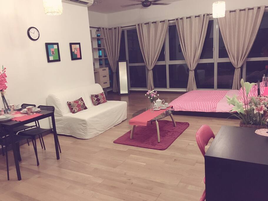 Newly refurbished modern unit with a window view of a swimming pool, garden/landscape at the lobby