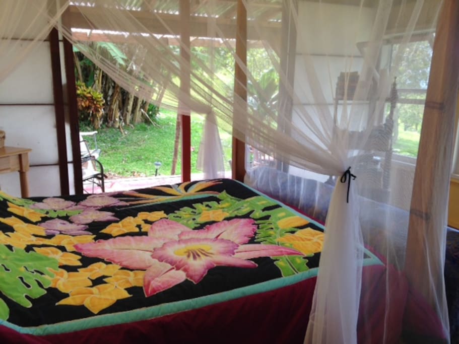 Comfortable queen sized bed with matching size mosquito net