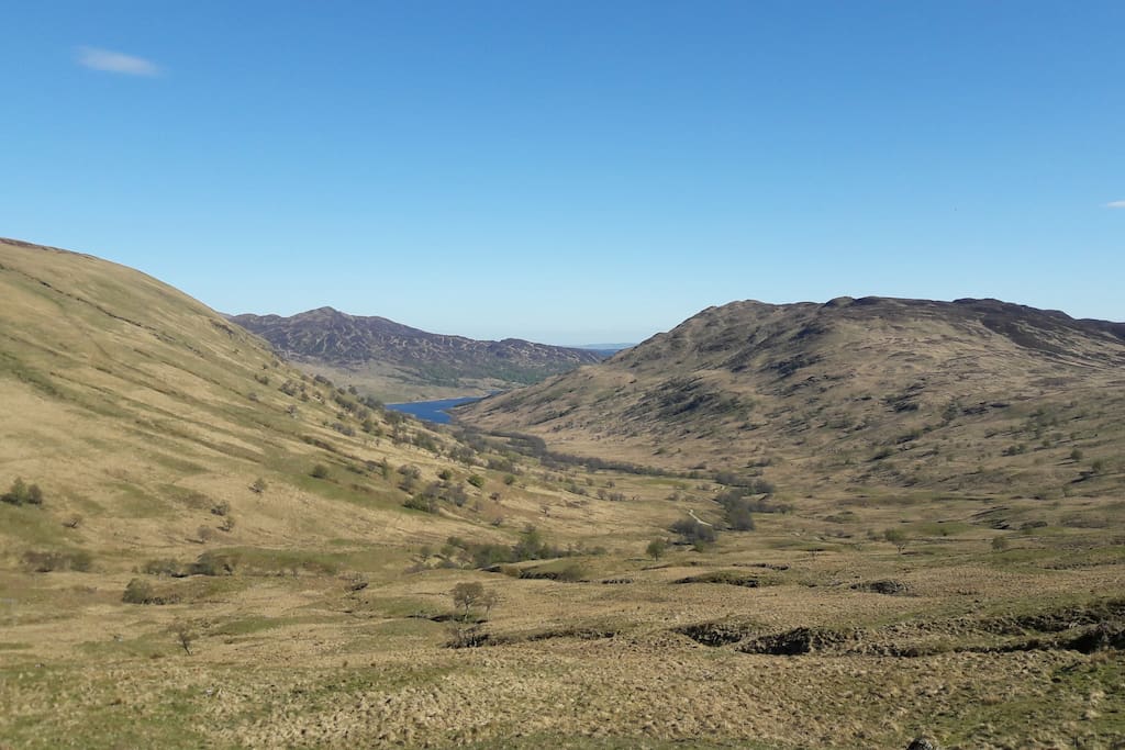 View from the Meall trail at Glen Finglas, in hills behind chalet