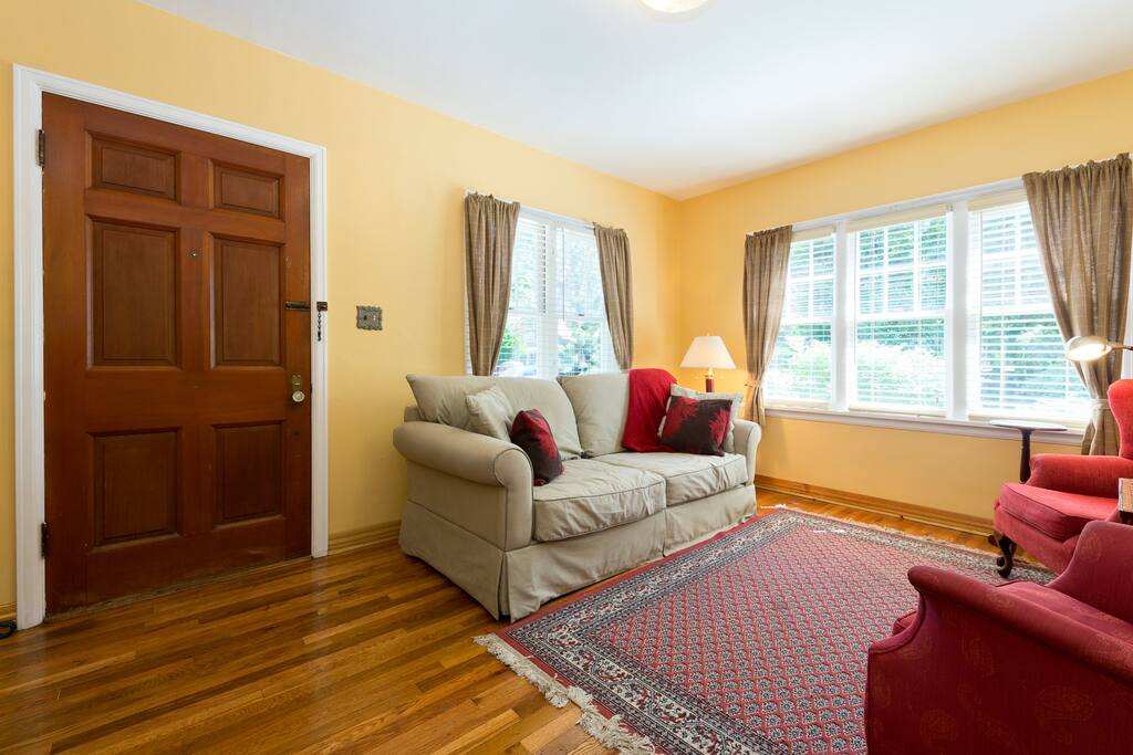 Living room has an updated couch since the picture. Deer skin!