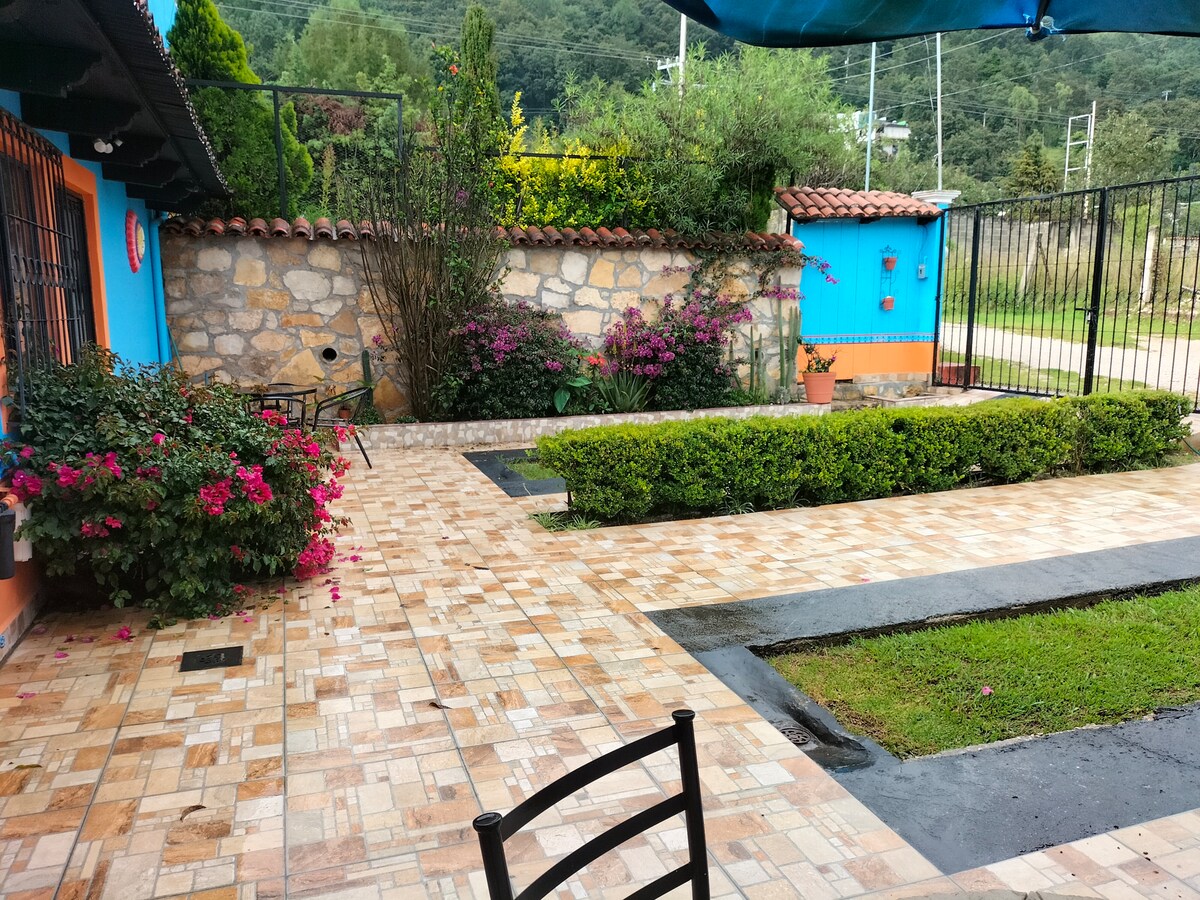 A vibrant outdoor patio area is framed by colorful blue walls and lush green landscaping. The stone-paved surface is complemented by flowering plants and trimmed hedges. A black chair is positioned nearby, offering a view of the well-maintained garden and surrounding nature.