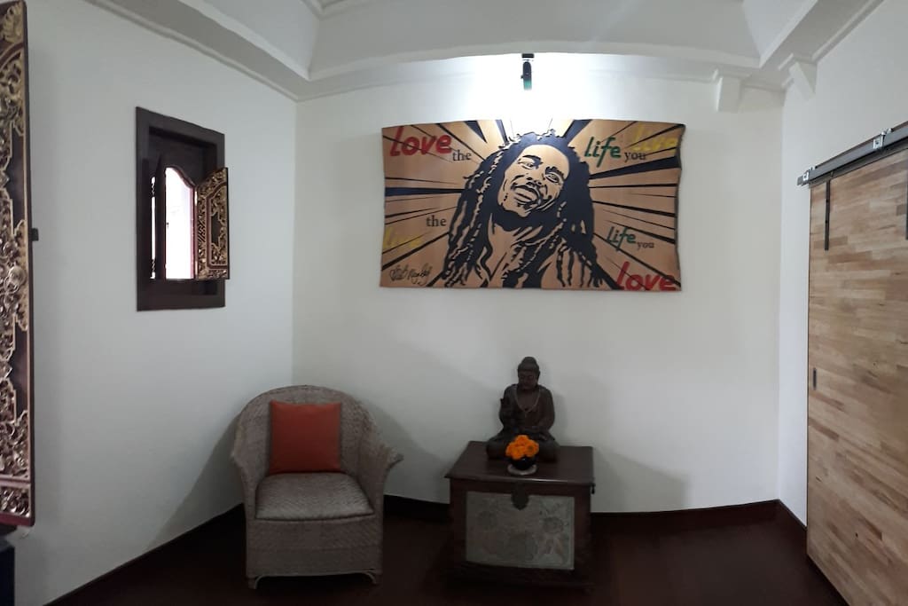 Love the life you live
Live the life you love
Bob Marley panel inside room, and also we put litle Budha statue to give positif energi for this room
