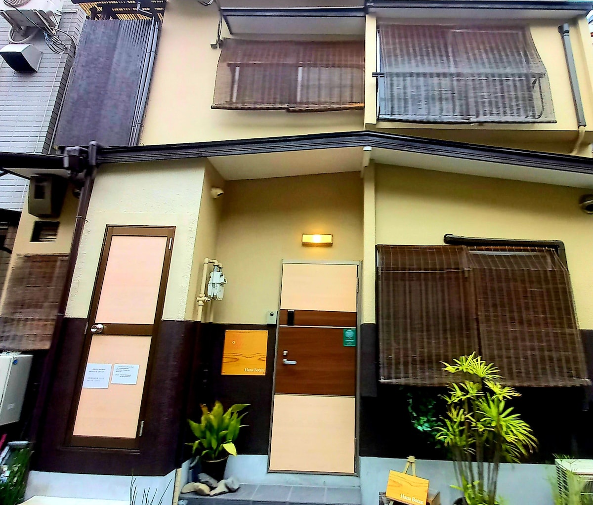 The exterior of the compact house displays a welcoming entrance with a neatly designed door and large windows featuring sheer window coverings. Potted plants are positioned at the base, adding a touch of greenery to the facade. The overall look is simple and modern.