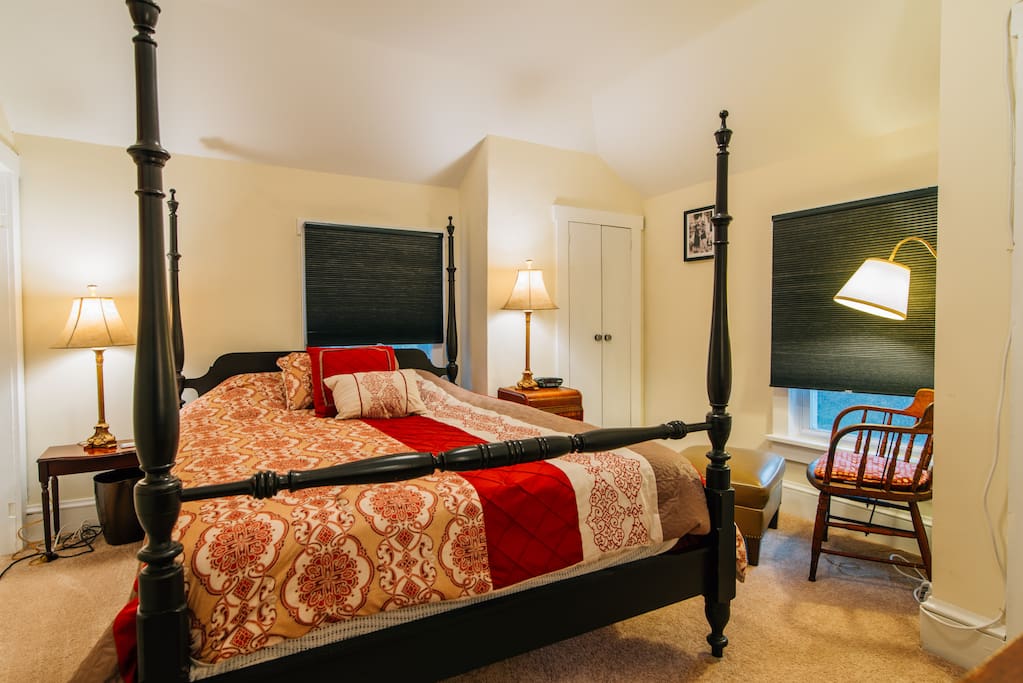 One of two master bedrooms - this one has darker shades along with a queen sized memory-gel mattress.