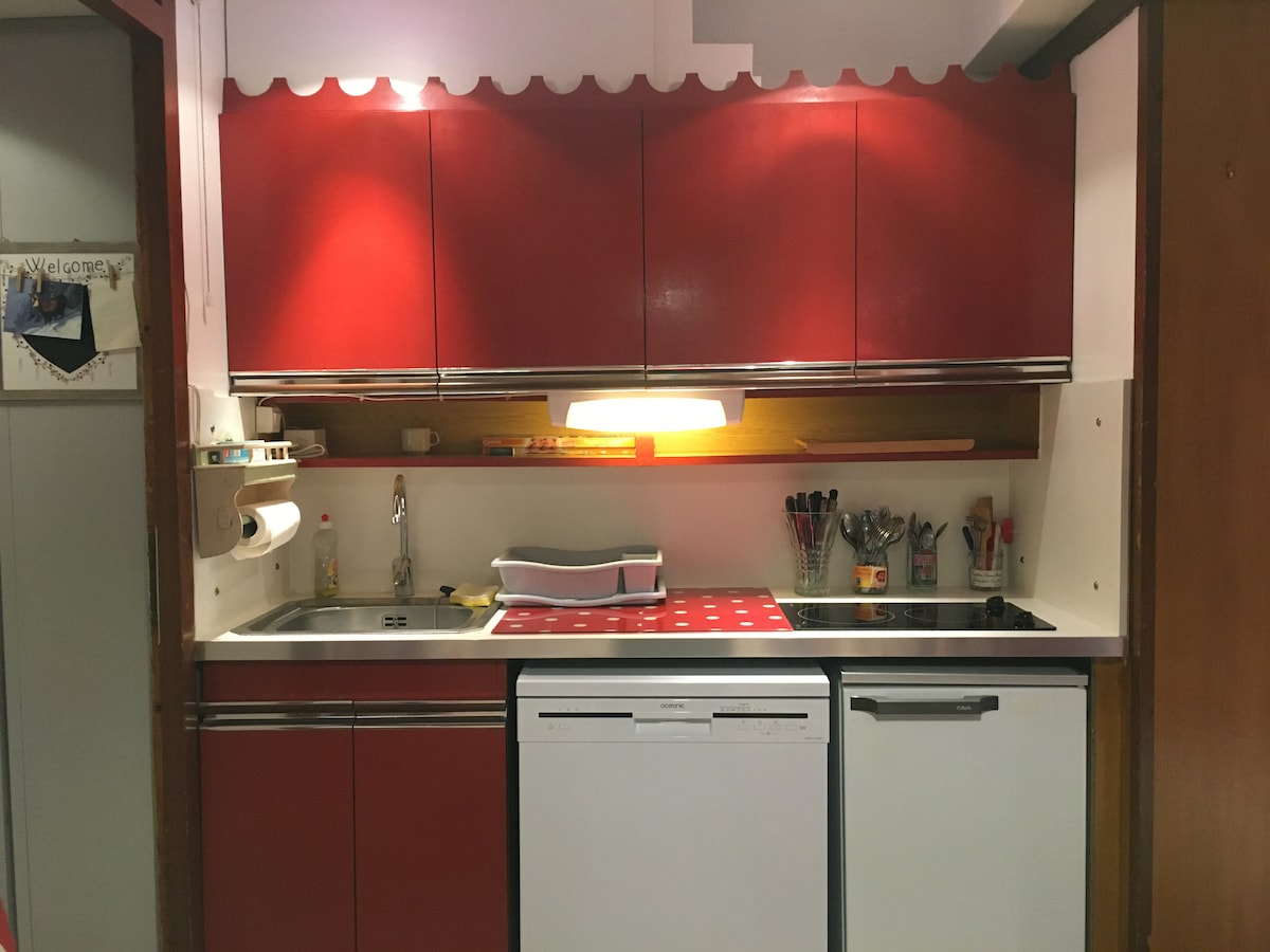A compact kitchen features red cabinetry with a sleek design. A sink and a dishwasher are visible beneath a shelf lined with kitchen utensils. A light fixture illuminates the workspace, and countertop space is provided for meal preparation.