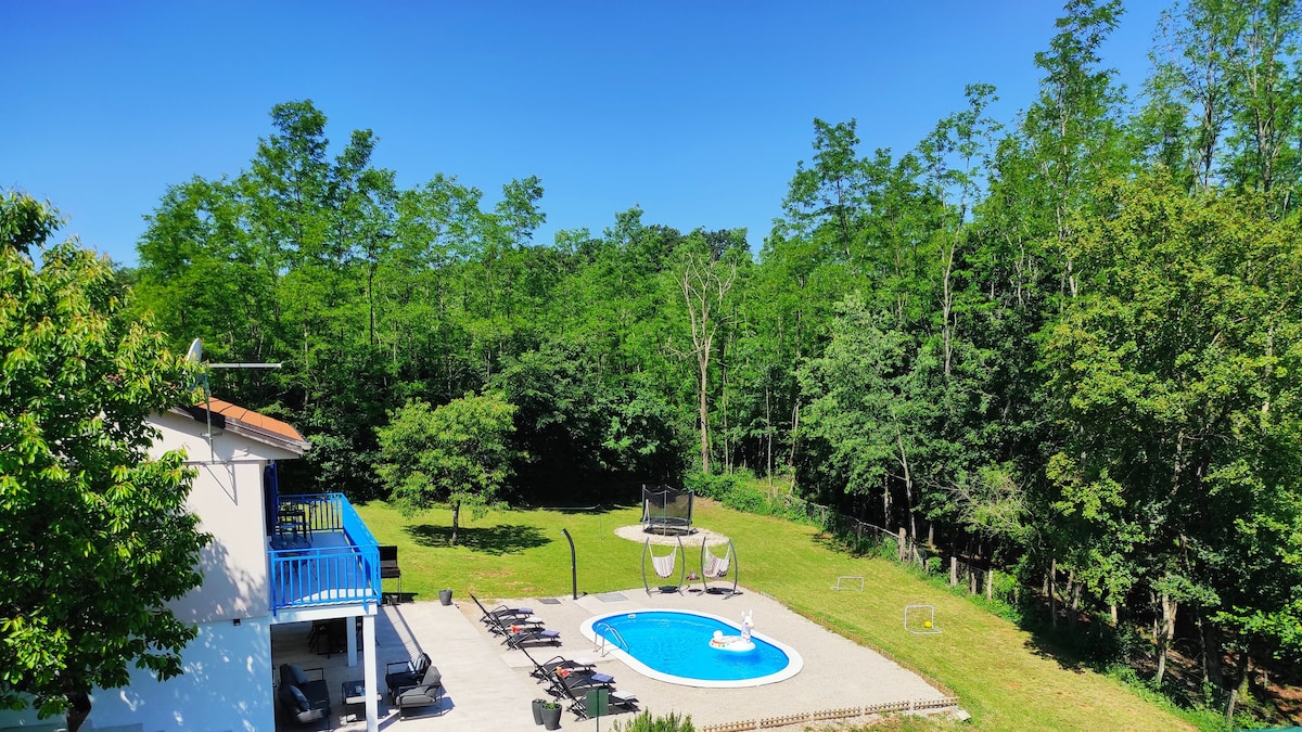The image captures a serene outdoor area featuring a private pool surrounded by a spacious patio. Sun loungers are arranged neatly around the pool, while a lush green forest serves as a backdrop, providing a sense of privacy and tranquility.