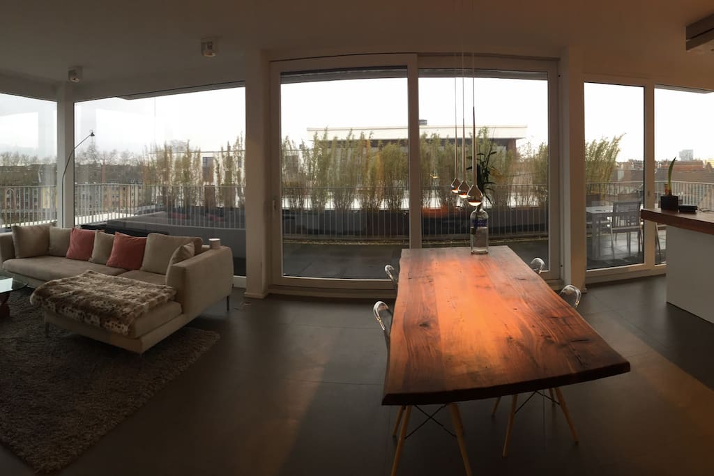 Living room, terrace and kitchen