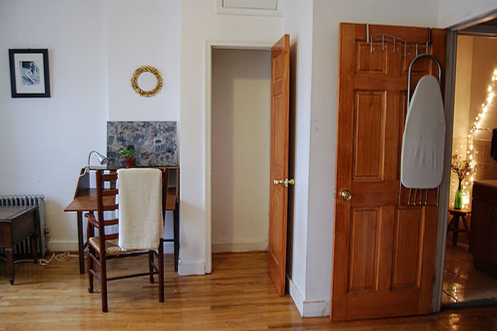 The room has 2 closets, a desk, and located right next to the bathroom.
