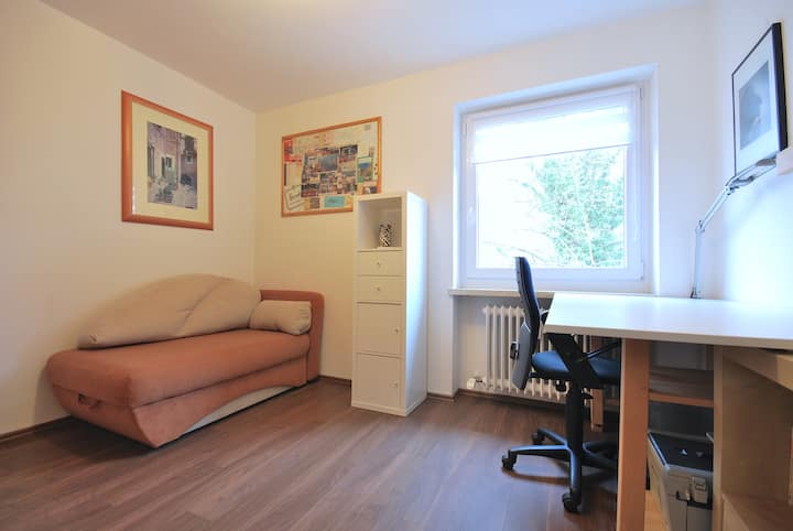 Zweites Schlafzimmer mit einem Schreibtisch, einem Stuhl und einer Couch, die sich zu einem gemütlichen Einzelbett verwandelt