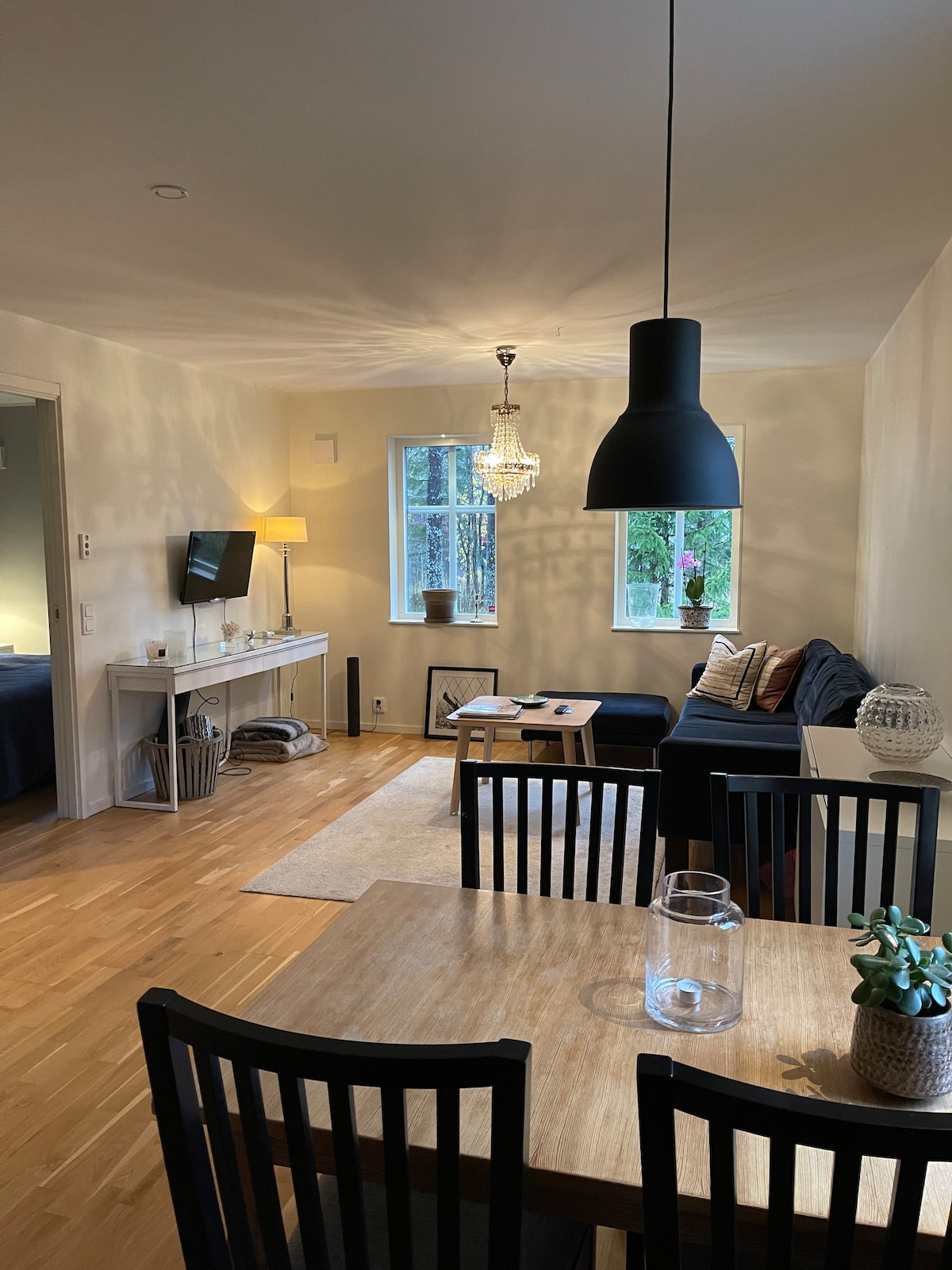 An open living area is observed with a black sofa accented by decorative cushions, a coffee table, and a dining table with black chairs. Windows allow natural light to fill the space, while a modern pendant light hangs above the dining area.
