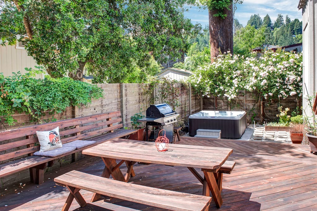 Sunny deck with grill and hot tub
