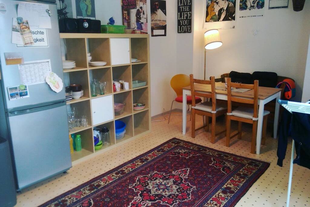 Gemütliche Wohnküche mit Kühlschrank und Kochgelegenheiten