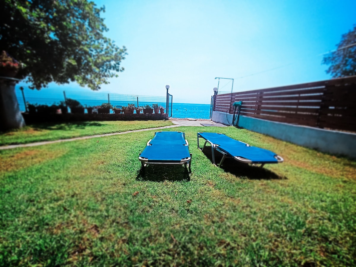Two lounge chairs are positioned on a lush green lawn, facing the sea. The unobstructed view of the water is highlighted by a clear blue sky, with a fence and flowering plants visible in the background.