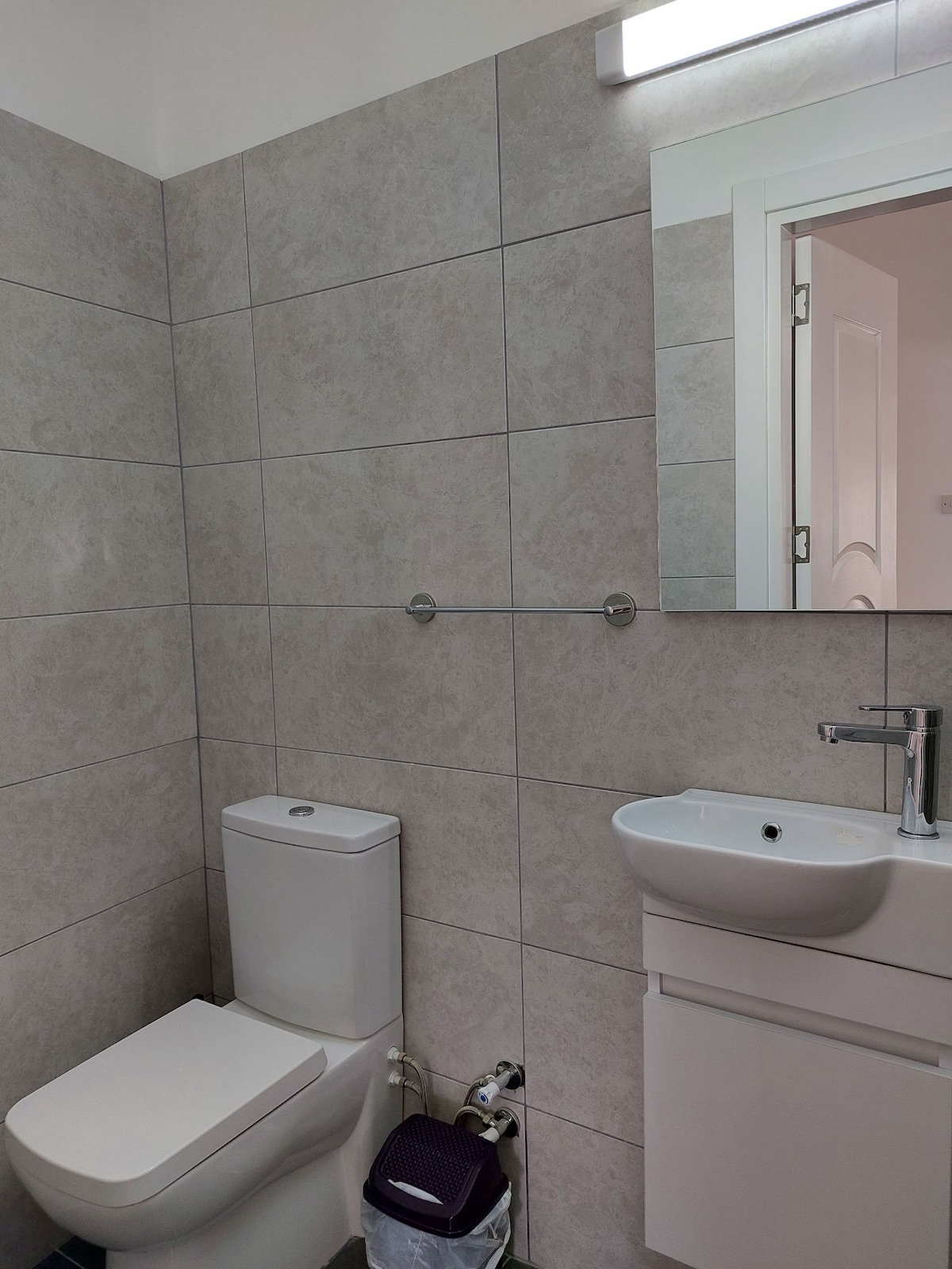 A minimalist bathroom is presented, featuring light gray tiled walls. A compact toilet and a wall-mounted sink are positioned for convenience. A large mirror reflects the space, illuminated by a sleek light fixture above. A small waste bin is placed discreetly on the floor.