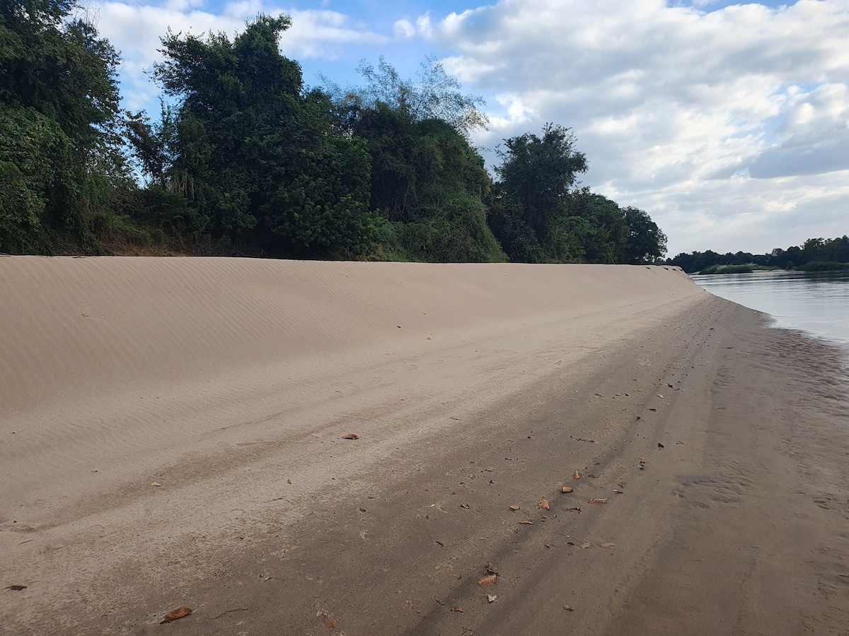 A sandy riverbank extends along the water's edge, lined with lush greenery. Gentle curves in the sandy terrain create a natural flow towards the river, while the sky above is partially cloudy, casting soft light over the scene.