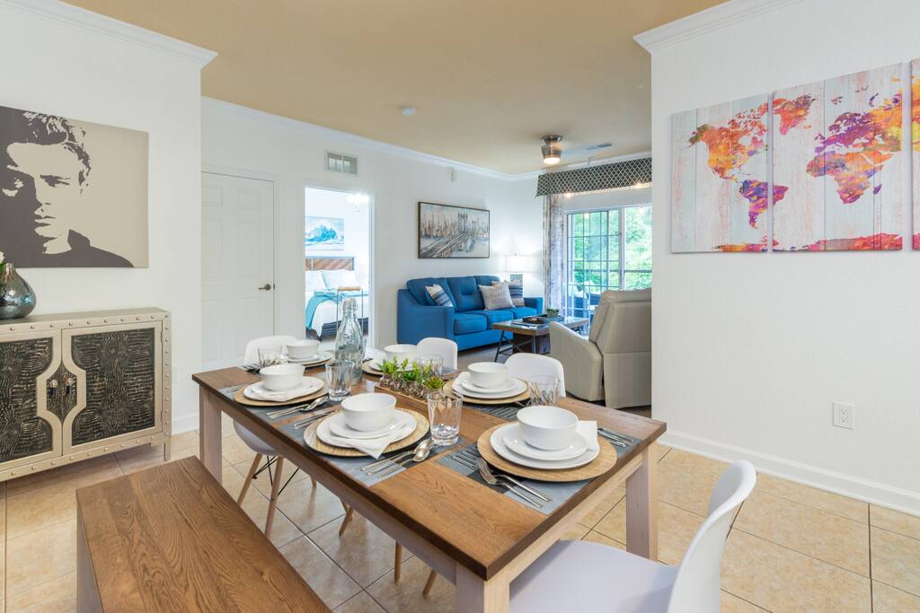 Dining area with Living Room & Master Bedroom in the background.