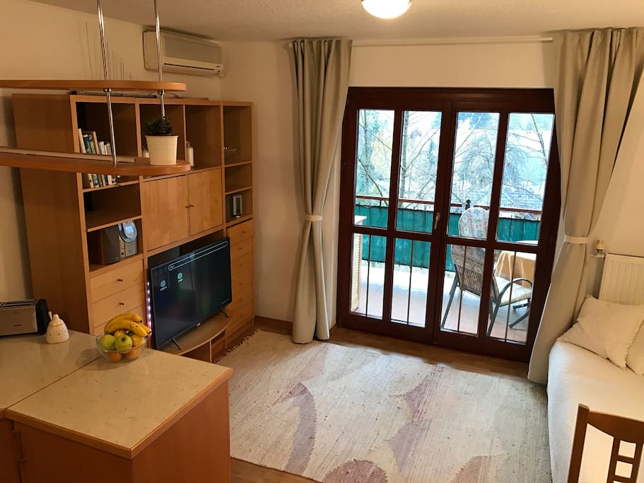 Living room with TV and balcony door